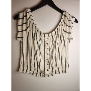 H&M Womens Large Blouse Shirt Top Short Puff Sleeve Cotton White Black stripe